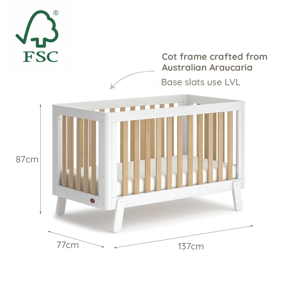 Boori Nursery Furniture Adjustable 3 in 1 Baby Bed Wood Crib with Kids' Chest of Drawers of Bedroom