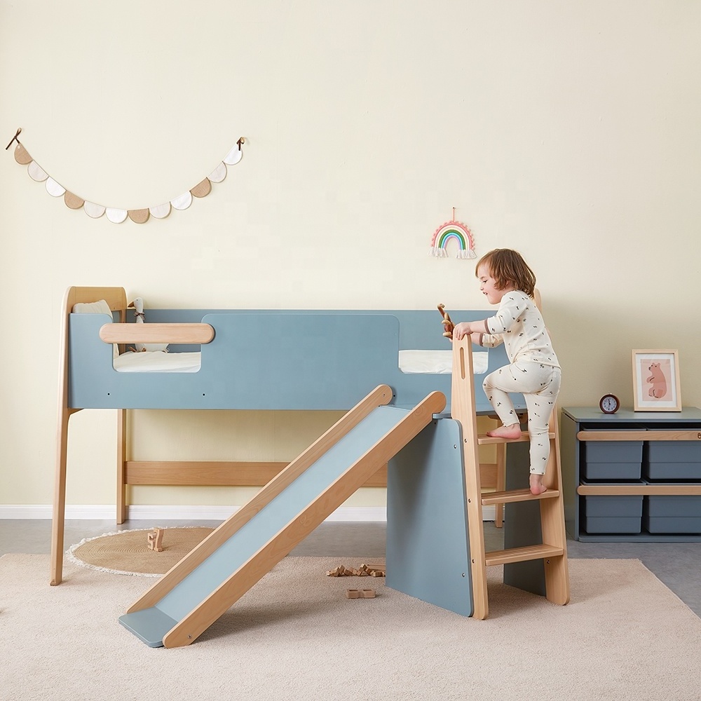 Only B2B Boori Wooden Kids Furniture Full Size Single Kids Toddler Low Loft Bed With Slide Solid Wood Nordic