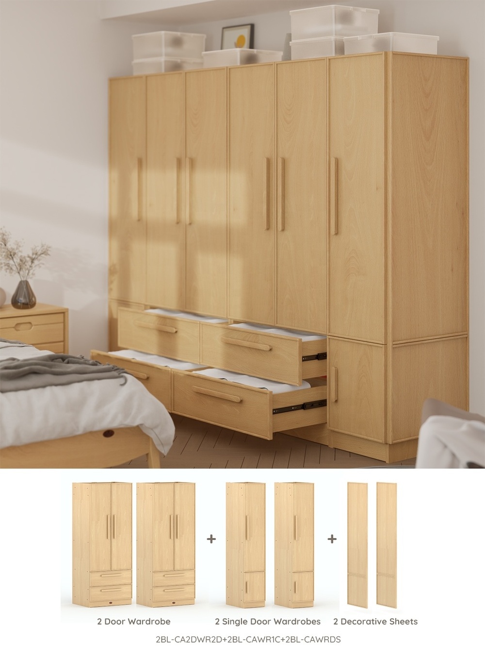 Only B2B Boori Multifunctional Big Size Tall 2 Door Solid Wood Wardrobe Bedroom Furniture