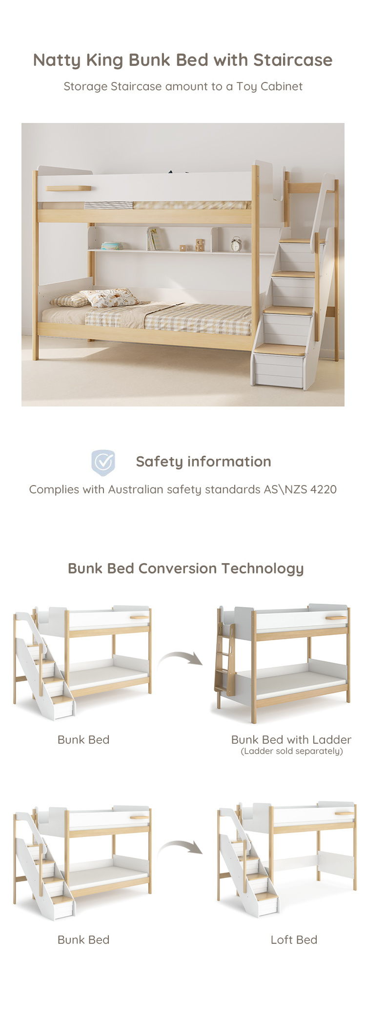 Only B2B Boori Wooden Kids Furniture Children Solid Wood Double Bed Modern Full Size Kids Bunk Bed With Storage Stairs