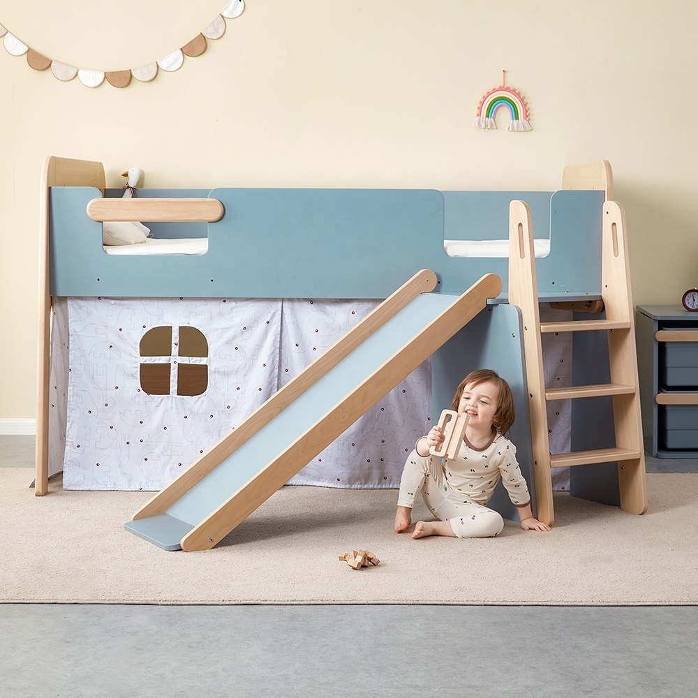 Only B2B Boori Wooden Kids Furniture Full Size Single Kids Toddler Low Loft Bed With Slide Solid Wood Nordic