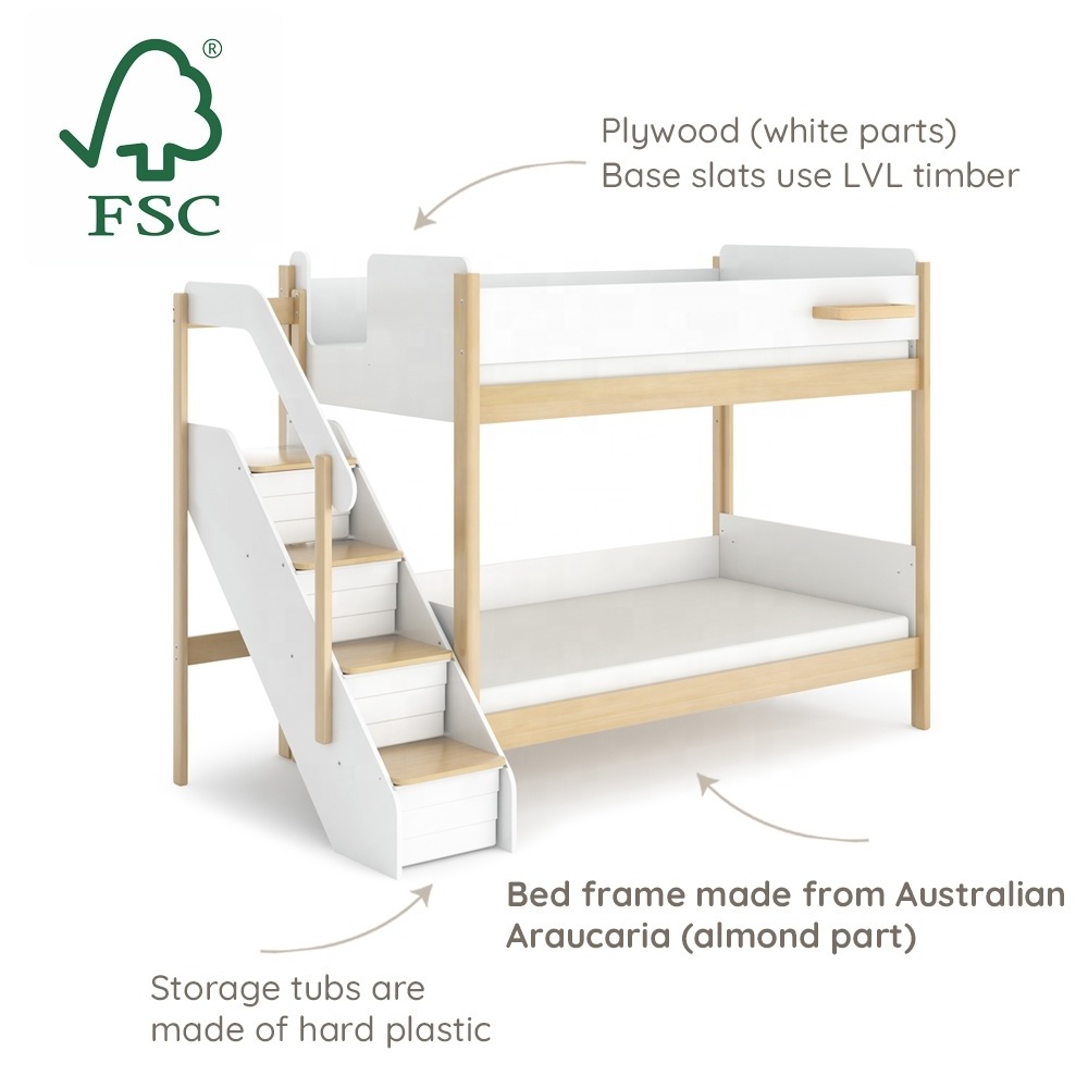 Only B2B Boori Wooden Kids Furniture Children Solid Wood Double Bed Modern Full Size Kids Bunk Bed With Storage Stairs