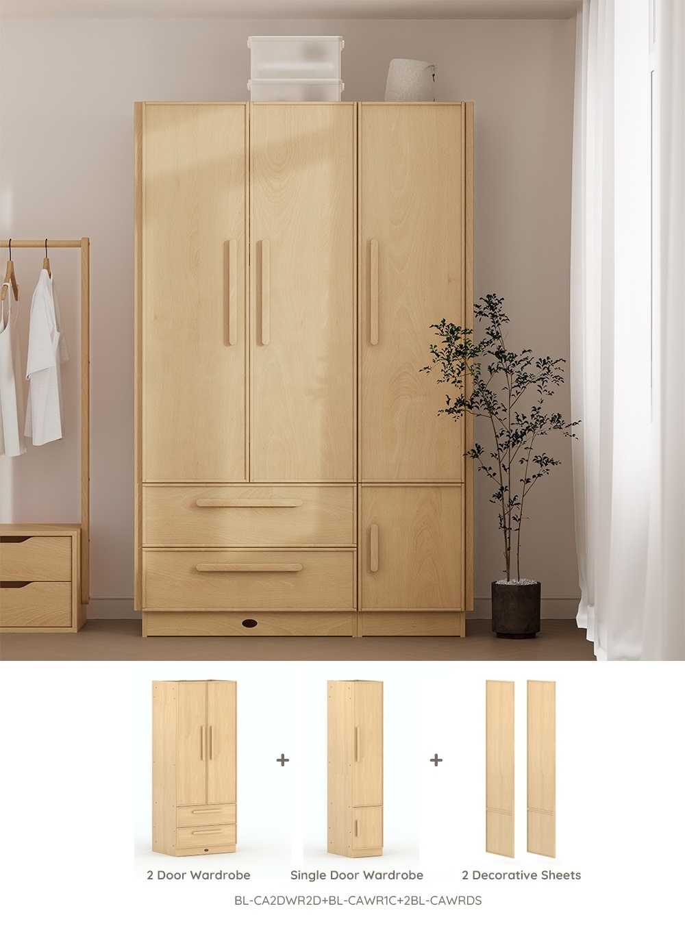 Only B2B Boori Multifunctional Big Size Tall 2 Door Solid Wood Wardrobe Bedroom Furniture