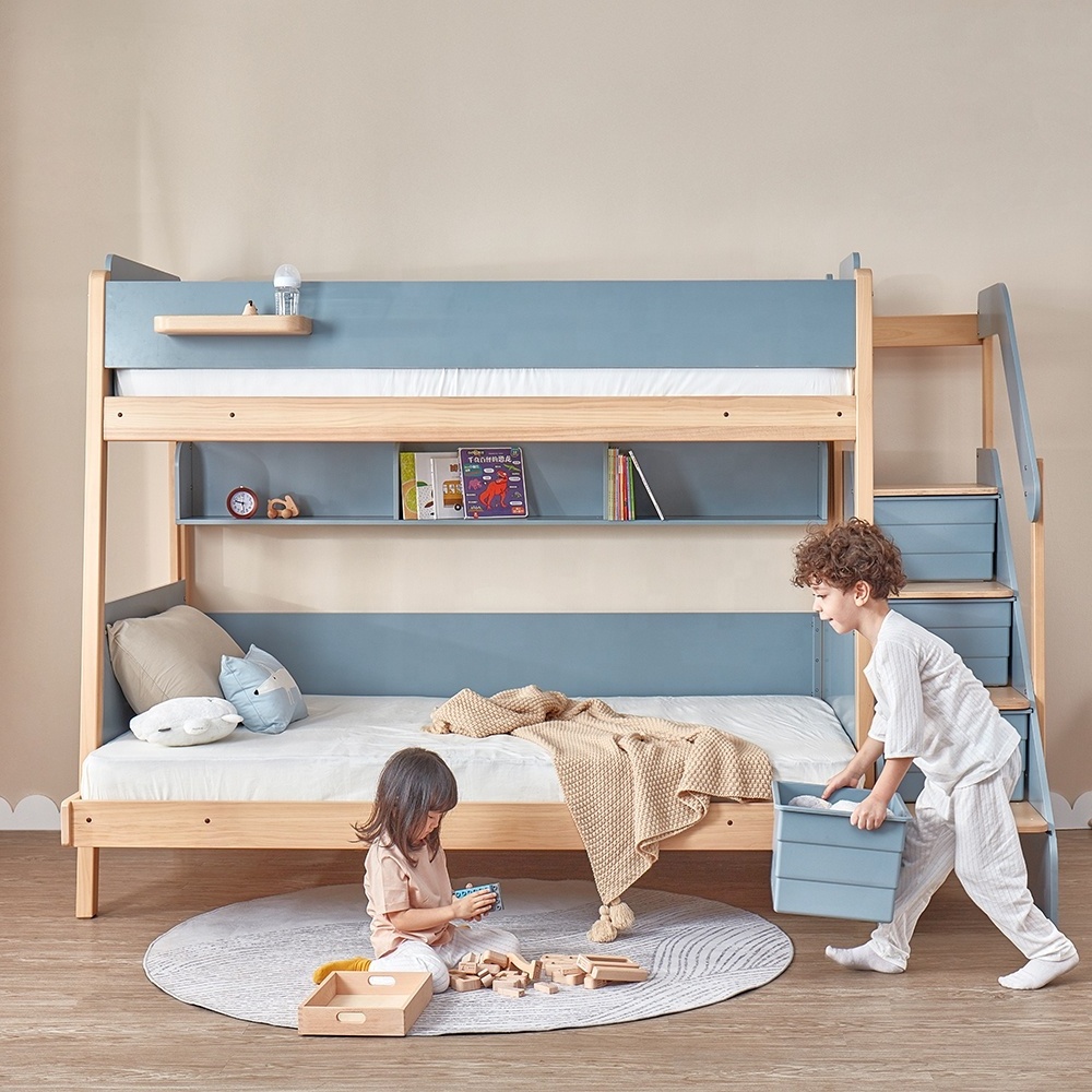 Only B2B Boori Wooden Kids Furniture Children Solid Wood Double Bed Modern Full Size Kids Bunk Bed With Storage Stairs