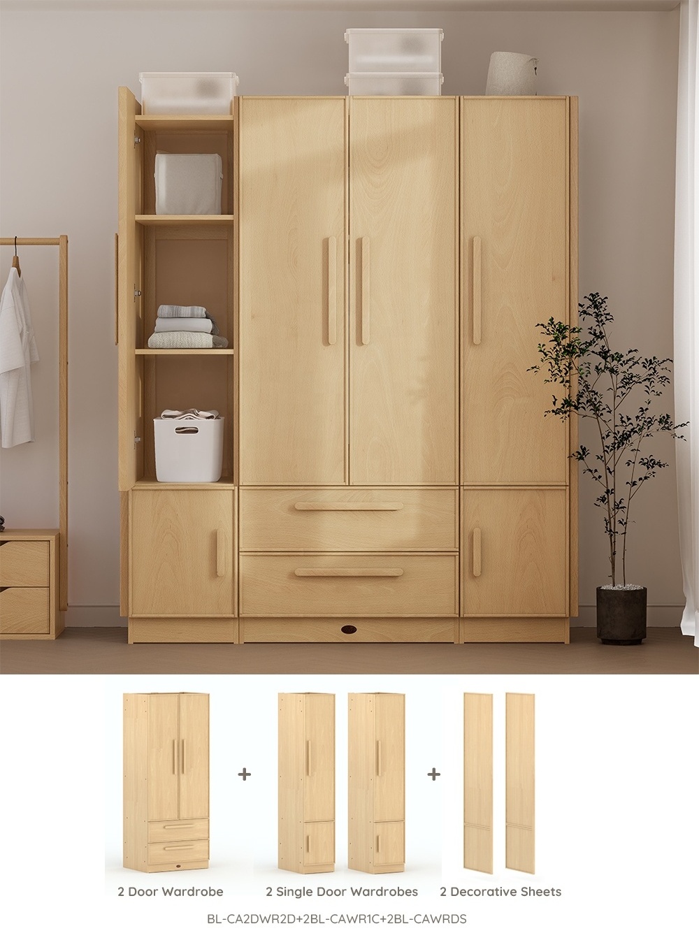 Only B2B Boori Multifunctional Big Size Tall 2 Door Solid Wood Wardrobe Bedroom Furniture