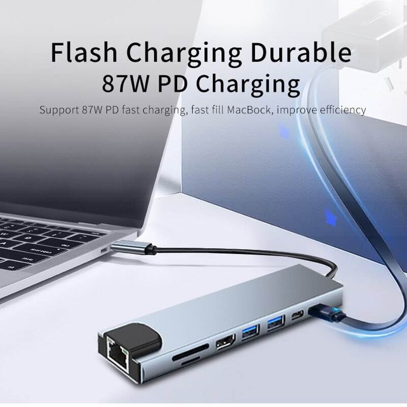 8 in 1 nouveau design usb por hub 3.0 usb HUB Rj45 Network Transfer TF/SD card reader cable matters 8-in-1 usb c hub displayport