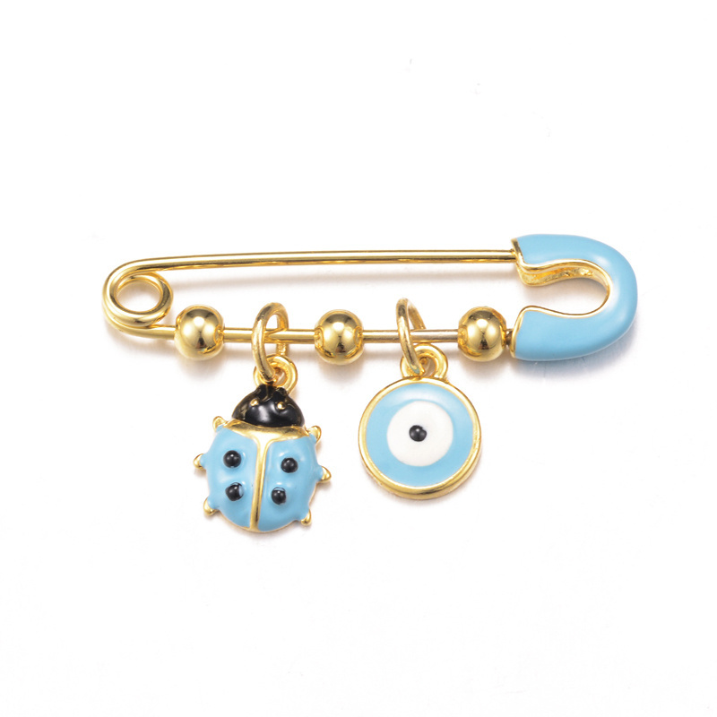 Hot sell metal gold baby blue and pink safety pin brooch evil eye stroller pin with balls DIY