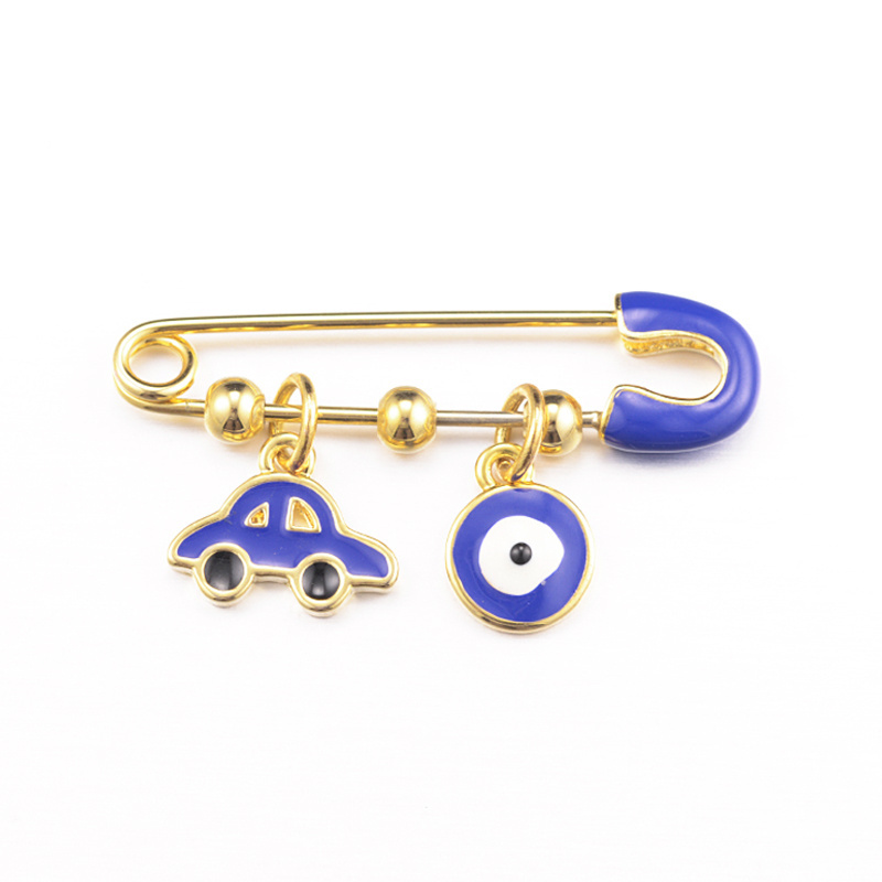 Hot sell metal gold baby blue and pink safety pin brooch evil eye stroller pin with balls DIY