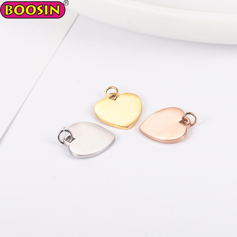 Custom design metal blank heart shape pendant engraved logo stainless steel charms