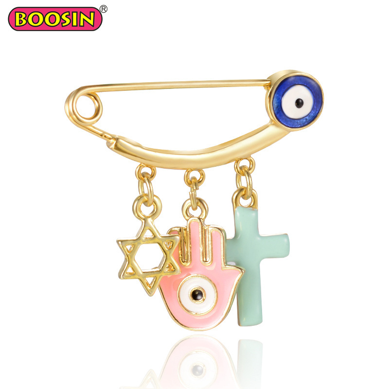 Best selling evil eye safety pin, hamsa evil eye cross charm stroller pin for protection and good luck