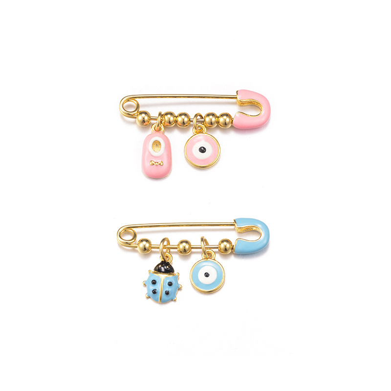 Hot sell metal gold baby blue and pink safety pin brooch evil eye stroller pin with balls DIY