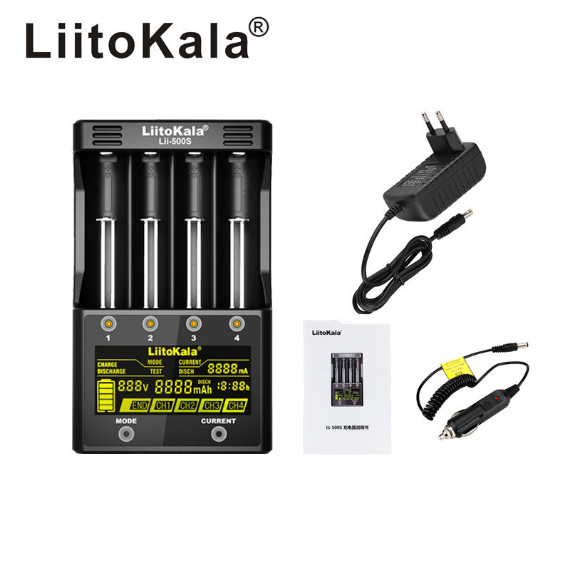 LiitoKala lii-500S 3.7V 1.2V 18650 26650 16340 14500 10440 18500 lii500 AA AAA Battery Charger With LCD 12V 2A Car Adapter