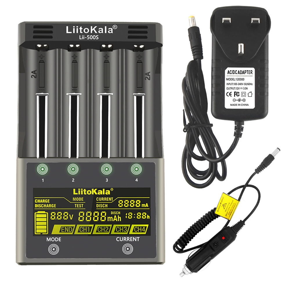 LiitoKala lii-500S 3.7V 1.2V 18650 26650 16340 14500 10440 18500 lii500 AA AAA Battery Charger With LCD 12V 2A Car Adapter