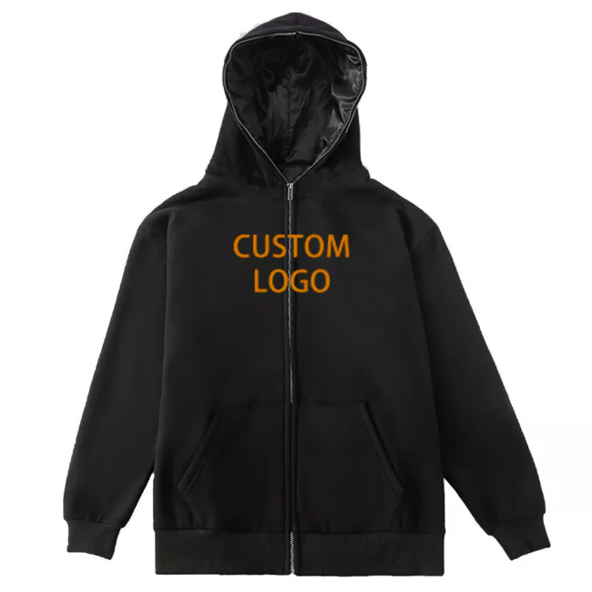 Custom Logo Blank Oversized Heavyweight 100% Cotton Fleece Satin Lining Full Face Zip Up Embroidered Hoodie