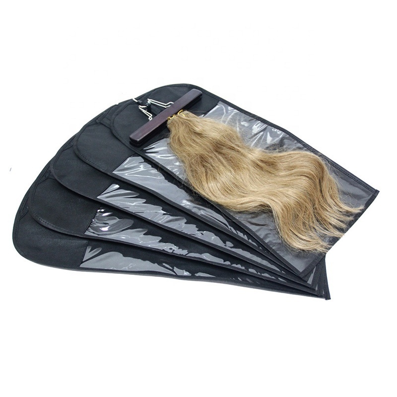 Custom Logo Wigs Hair Extension Packaging Zipper Bag with Wooden Hangers Wholesale Hair Hanger Bag Wig Storage