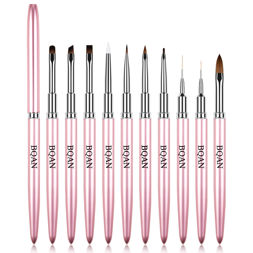 Custom Logo Metal Rose Gold Extra Thin Liner Brush UV Polish Soft Nylon Hair Liner Kolinsky Acrylic Oblique Flat Gel Nail Brush