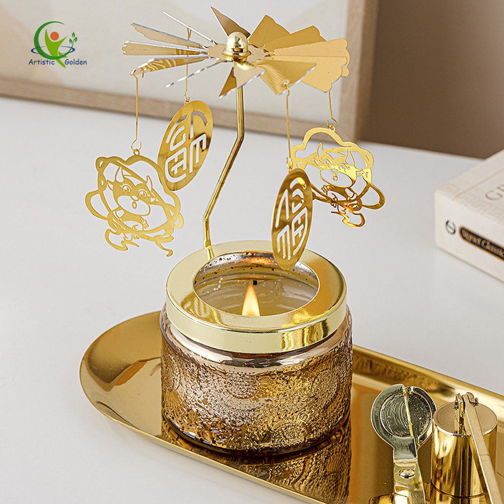 Golden Christmas Decor Angel Spinning Windmill Metal Candle Holders Romantic Rotating Windmill Candlestick Rotating