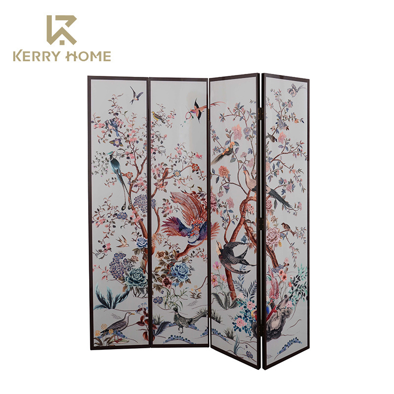 Home Office Tri-Fold Wooden Screen Partition Panel Room Divider with Floral Motifs