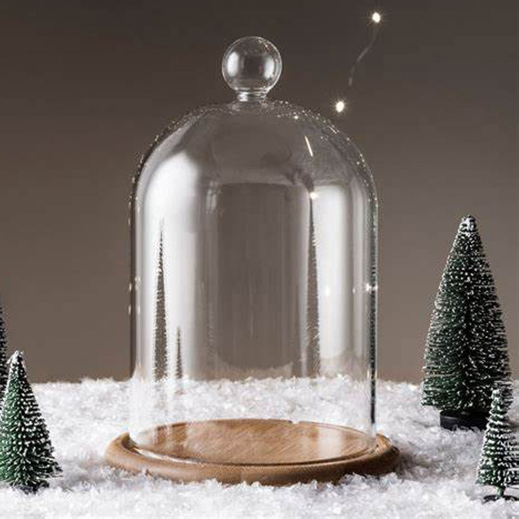 Borosilicate Transparent Clear Display Glass Bell Jar Dome With Wood Base For Home Decor