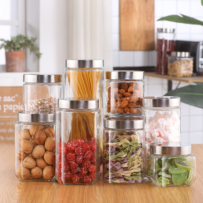 Wholesale 350ml 500ml 800ml clear food grade glass storage jar with stainless steel lid