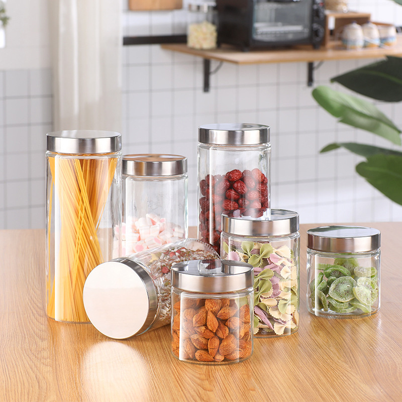 Wholesale 350ml 500ml 800ml clear food grade glass storage jar with stainless steel lid