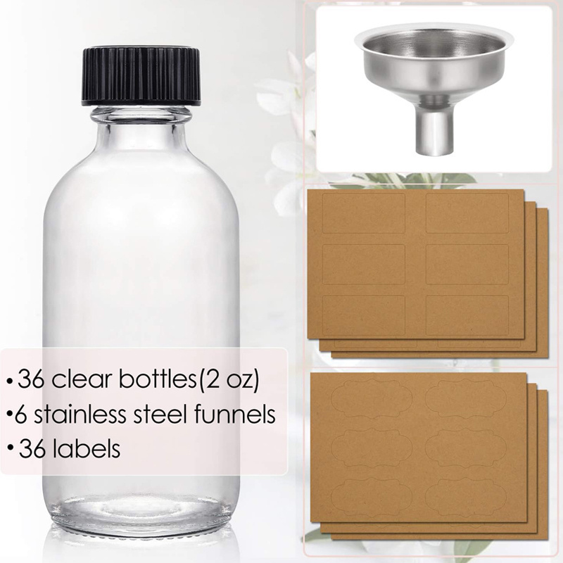 2oz 60ml Small Clear Glass Bottles with Lids Stainless Steel Funnels Boston Round Sample Bottles for Potion Juice Ginger