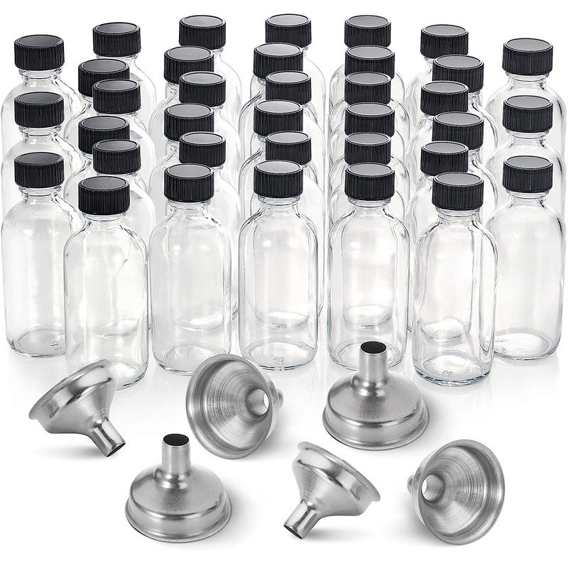 2oz 60ml Small Clear Glass Bottles with Lids Stainless Steel Funnels Boston Round Sample Bottles for Potion Juice Ginger