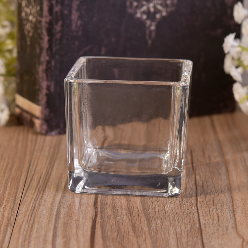 Hot selling square candle jar votive clear square cube glass candle container candle holder with bamboo lids