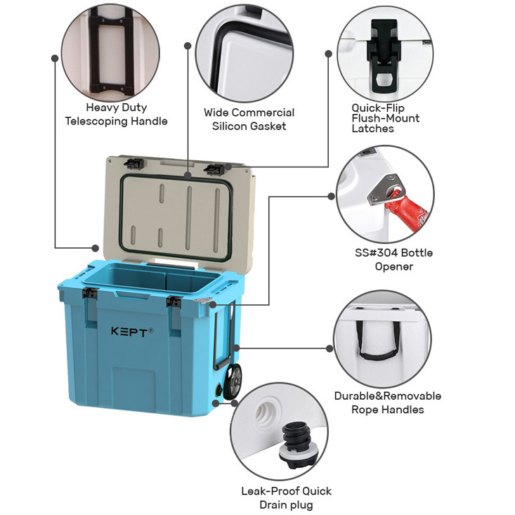 Boright 35QT insulated rotomolded ice plastic cooler box with wheels and pull rod Telescoping handle