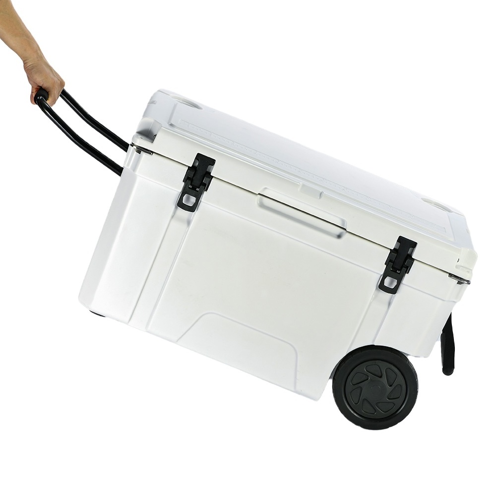 65QT Lldpe  Material Cooler Box  Large Insulated Food Storage Trolley Thermal Waterproof Ice Cooler Box with Wheels