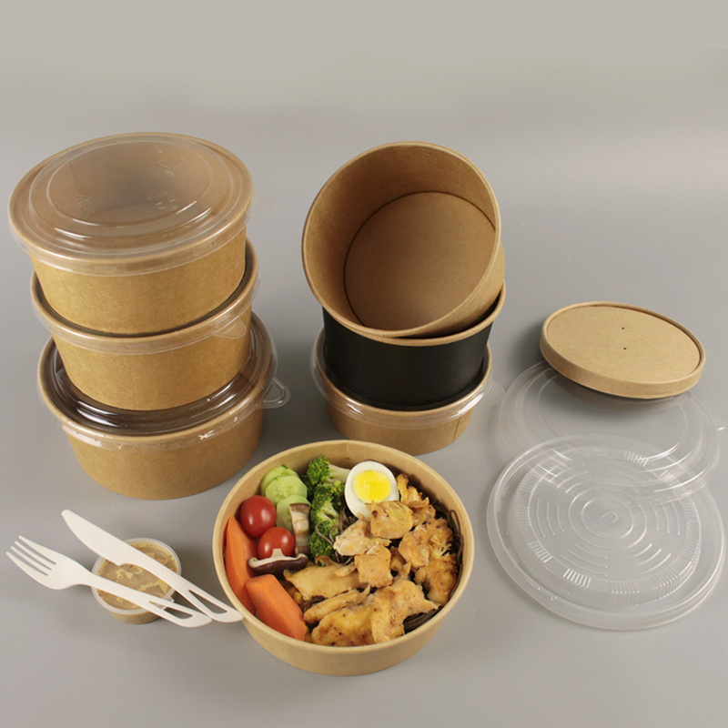 Biodegradable Paper Plates Bowls Salad Fruit Takeaway Lunch Food Container Bowls Disposable Kraft Bowl with lid