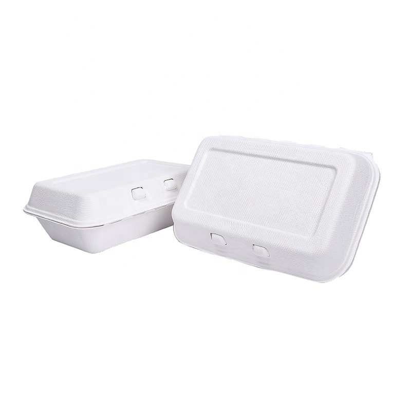 Clamshell Takeaway Food BoxBiodegradable Disposable Bagasse and Bamboo Pulp Rectangle White or Natural Paper