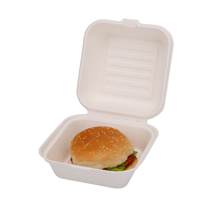 Clamshell Takeaway Food BoxBiodegradable Disposable Bagasse and Bamboo Pulp Rectangle White or Natural Paper