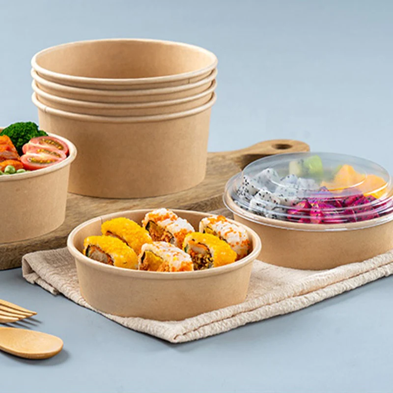 Biodegradable Paper Plates Bowls Salad Fruit Takeaway Lunch Food Container Bowls Disposable Kraft Bowl with lid