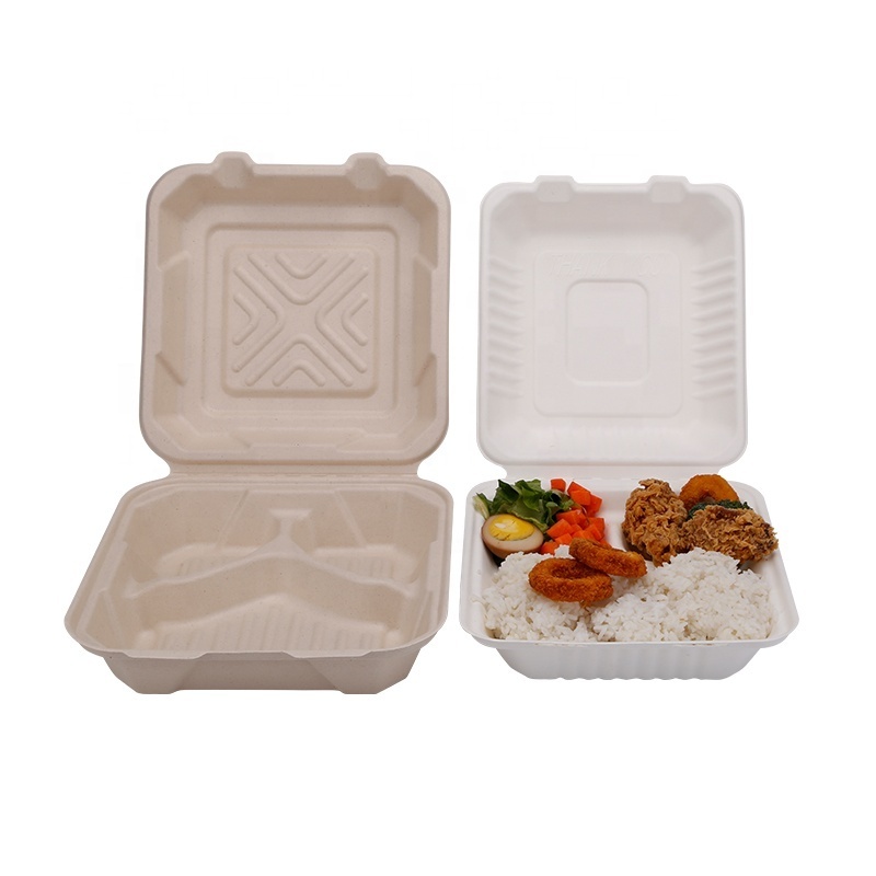 Clamshell Takeaway Food BoxBiodegradable Disposable Bagasse and Bamboo Pulp Rectangle White or Natural Paper