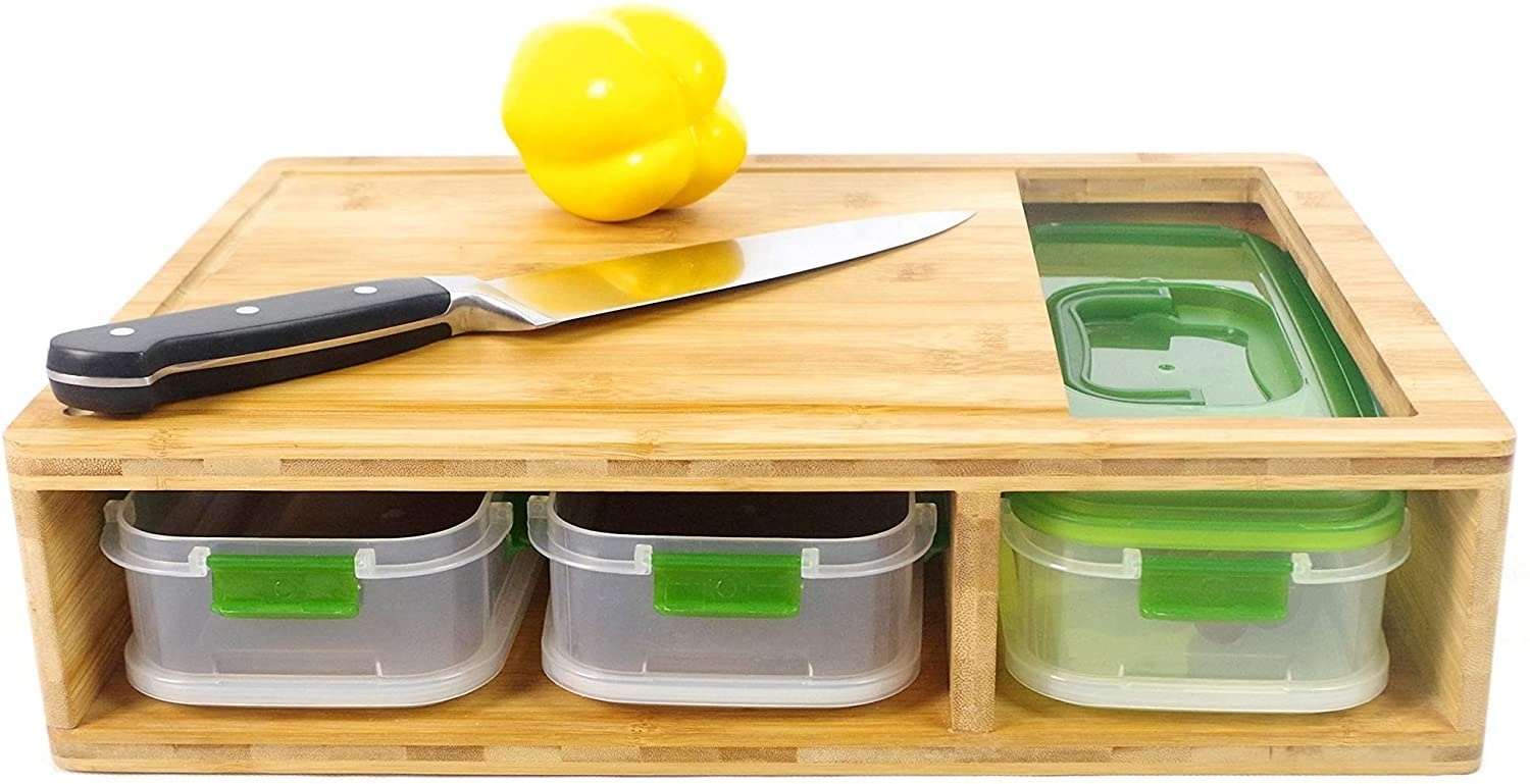 Wholesale Chopping 3 Drawer Bamboo collecting Wood Wooden Cutting Storage Organizer Board Block With Containers Trays