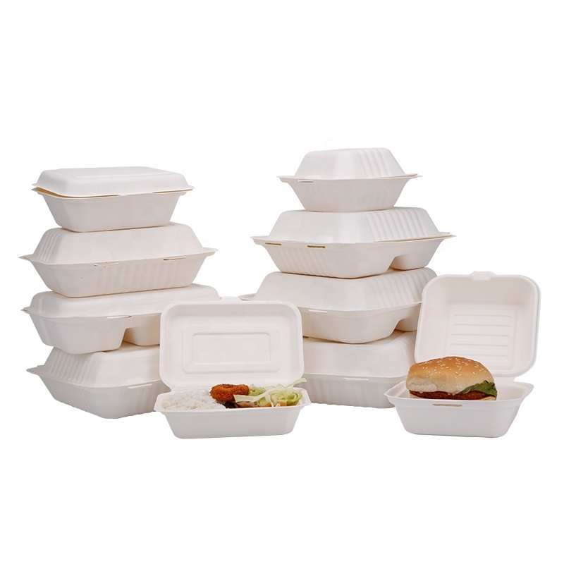 Clamshell Takeaway Food BoxBiodegradable Disposable Bagasse and Bamboo Pulp Rectangle White or Natural Paper