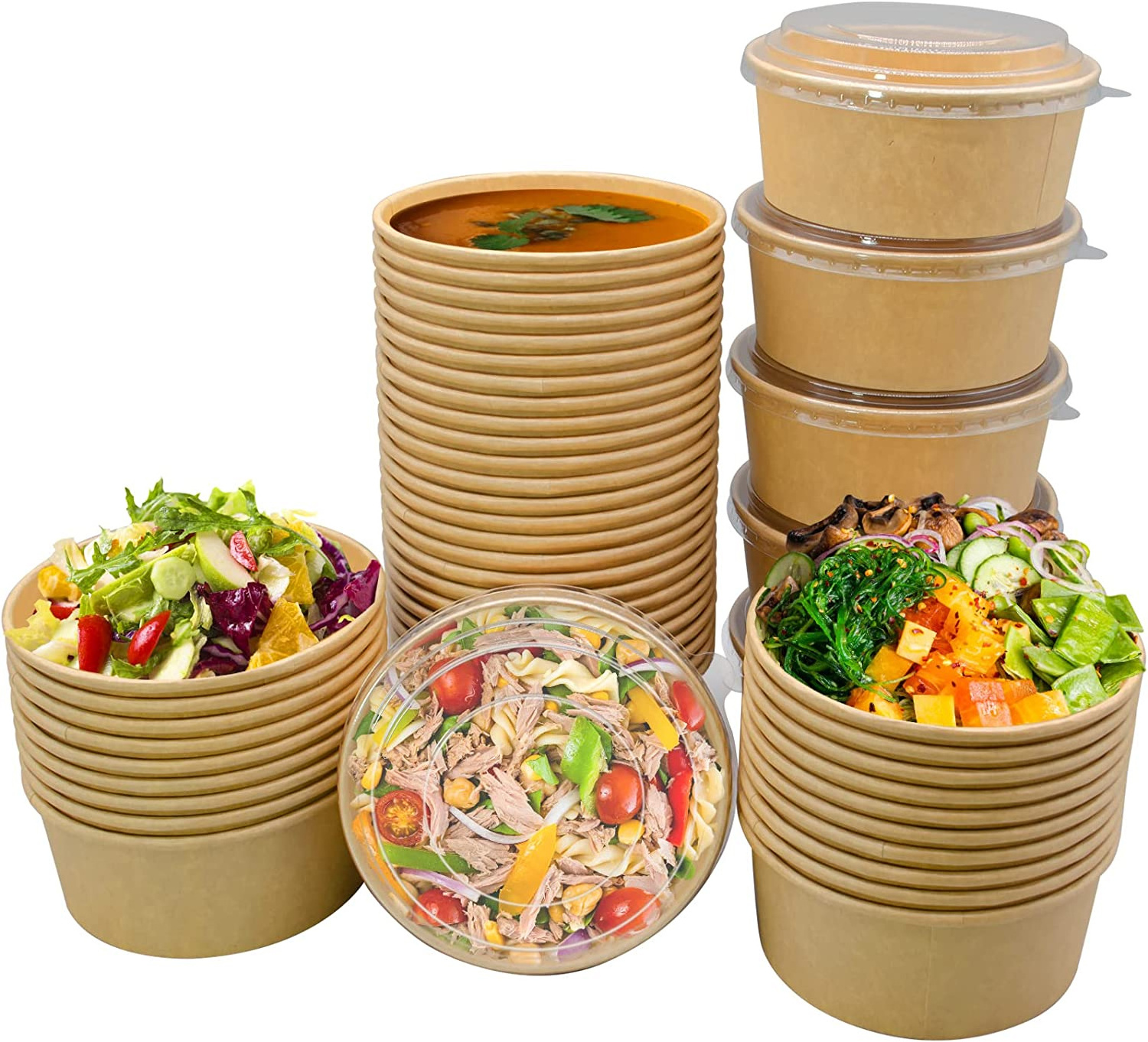 Biodegradable Paper Plates Bowls Salad Fruit Takeaway Lunch Food Container Bowls Disposable Kraft Bowl with lid