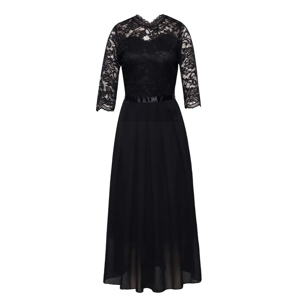 Custom high-end evening spliced chiffon dress round neck lace long dress evening dress for women