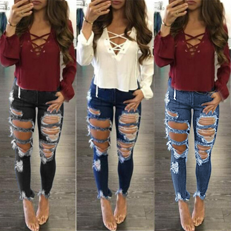 Hot Sale Fashion Ripped Sexy Pants Women's Tight Sex Skinny Jean Material Mid Waist Straight Jeans