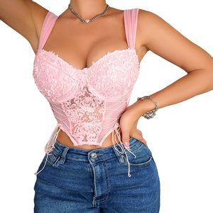 Summer women pink pure spicy top V-neck niche mesh wire dimensional embroidery wide shoulder back vest