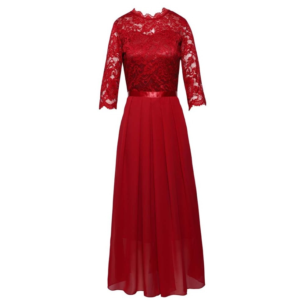 Custom high-end evening spliced chiffon dress round neck lace long dress evening dress for women