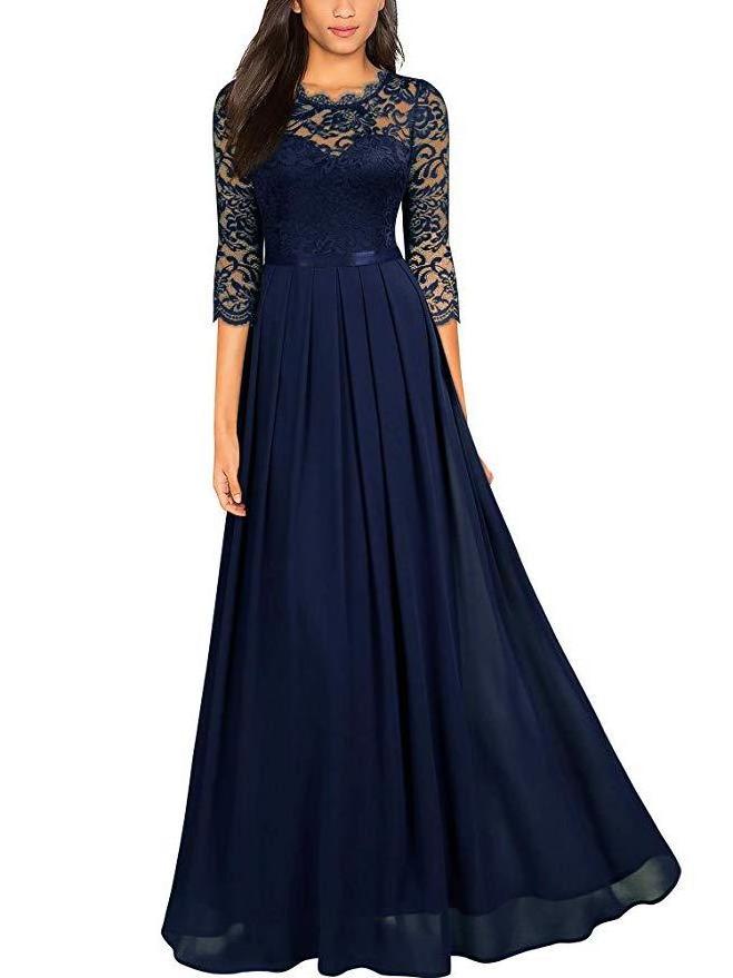 Custom high-end evening spliced chiffon dress round neck lace long dress evening dress for women