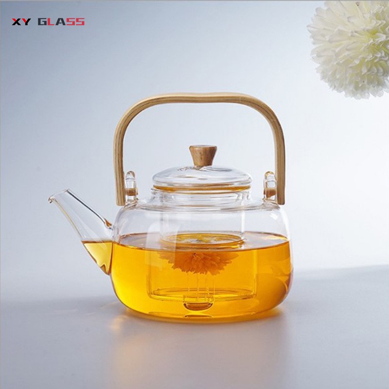 Borosilicate Heat Resistance With Bamboo Handle Glass Loose Leaf Filter Teapot