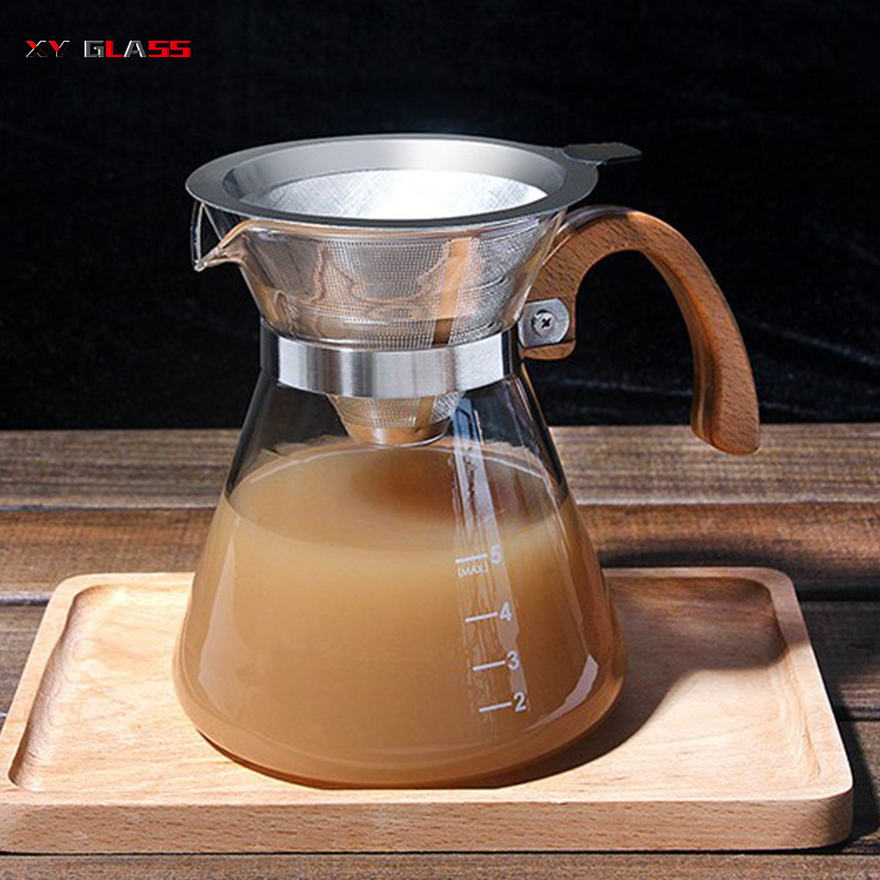 Wooden Handle Heat Resistance Borosilicate Glass Pour Over Coffee Pot