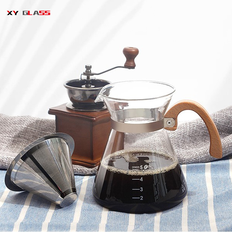 Wooden Handle Heat Resistance Borosilicate Glass Pour Over Coffee Pot