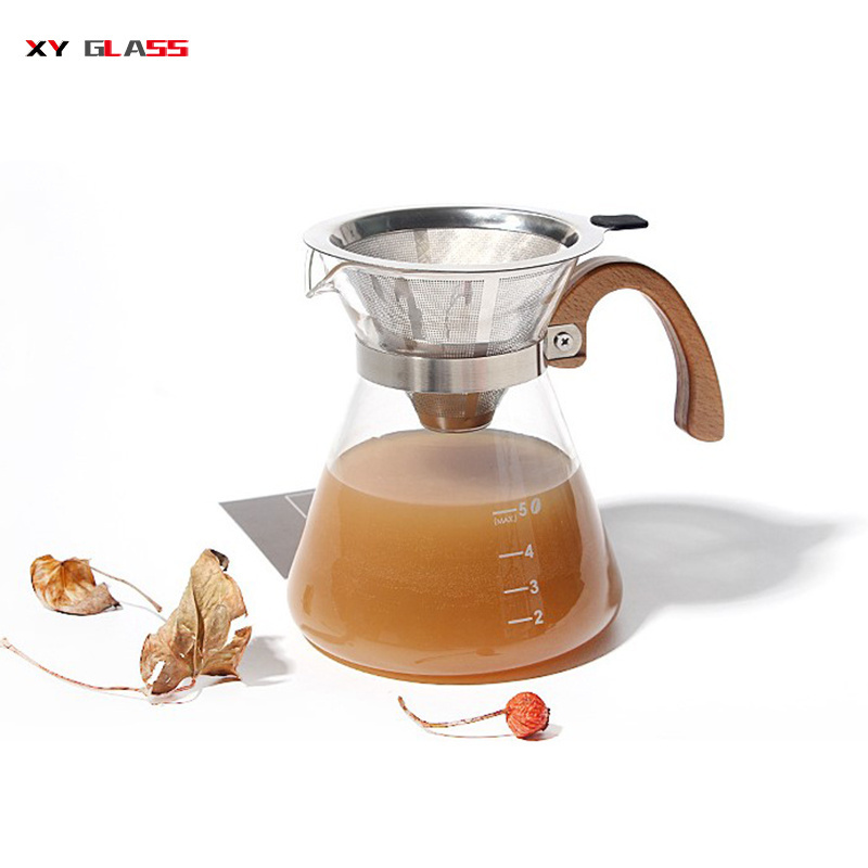 Wooden Handle Heat Resistance Borosilicate Glass Pour Over Coffee Pot