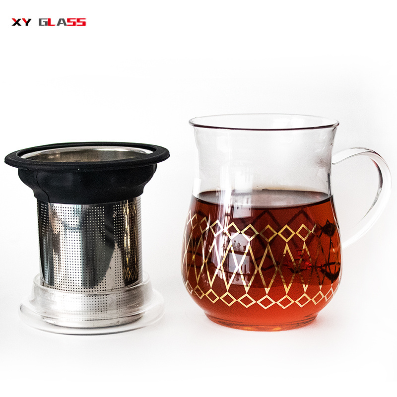 New designed golden decal borosilicate glass with infuser tea strainer cup