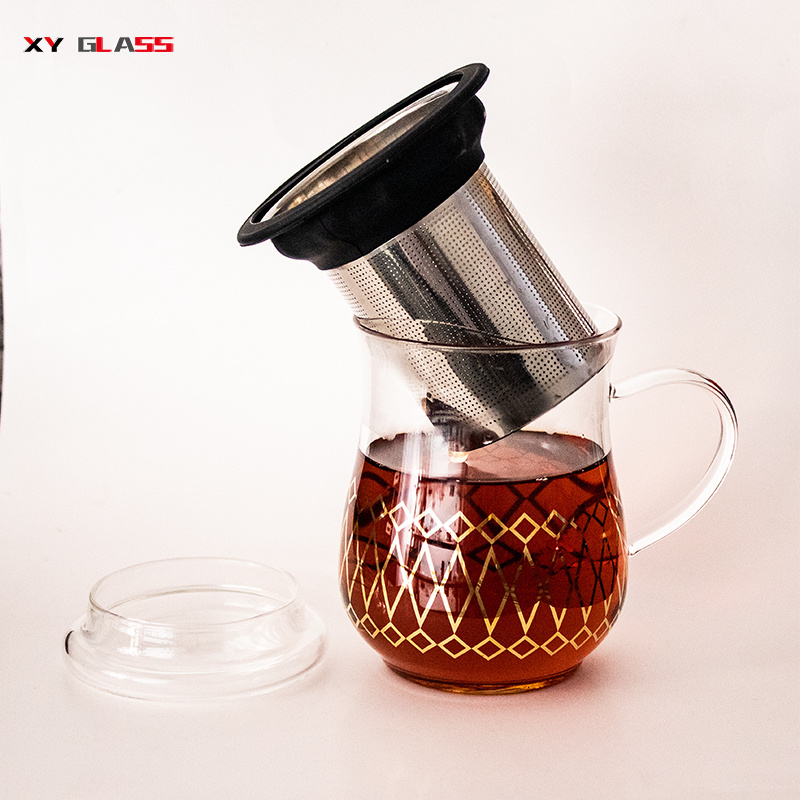 New designed golden decal borosilicate glass with infuser tea strainer cup