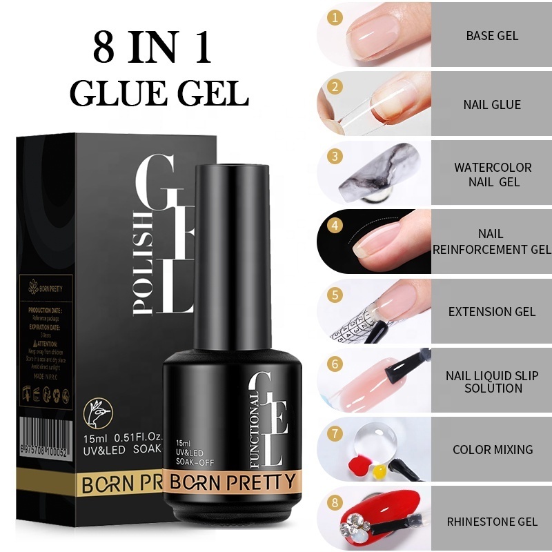 BORN PRETTY 15ml Multifunction 8 IN 1 Nail Polish Glue Gel Creat Your Own Brand for Press on Nails Glue Nail Extension